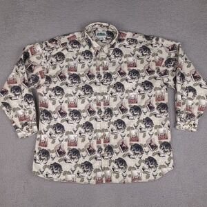 Vintage Mountain Tek Shirt Men's XXL Deer Outdoor‎ All Over Print Button Down